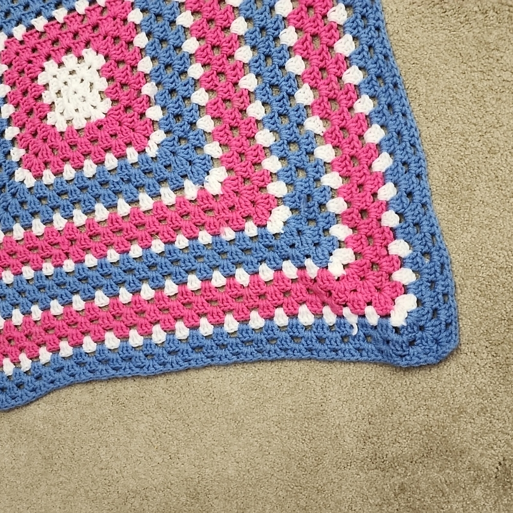 Blue white magenta baby doll super soft Crocheted crib quilt - Picture 3 of 4